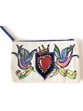 Bright Makeup Bag 2019 Love of Art w/ Birds, Heart & Crown Blue Perfect Cond